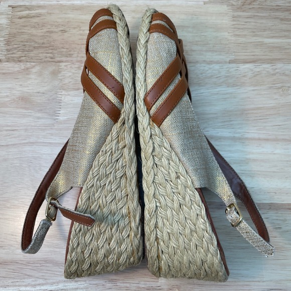 Lauren Ralph Lauren Candice Wedge Sandals Gold Linen Brown Espadrille 8.5B - Picture 5 of 10